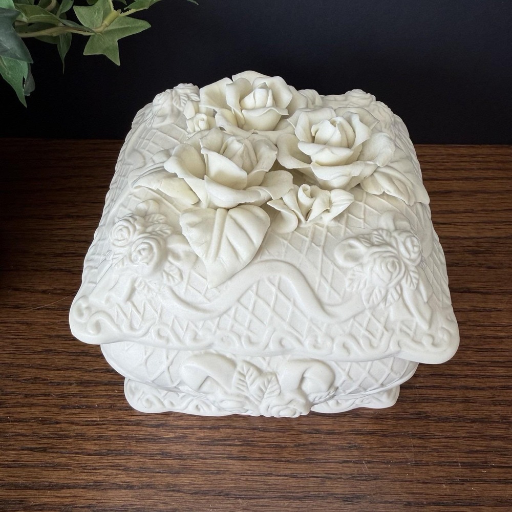 Vintage Bisque Rose Trinket Box White Porcelain Floral Jewelry Box